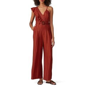 Three Floor Margaux Jumpsuit Rust Striped One-Shoulder Ruffle Belted Size 4